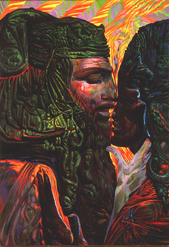 ID: an artist's rendition of David and Bathsheeba, both with dark skin, appearing in a close embrace.