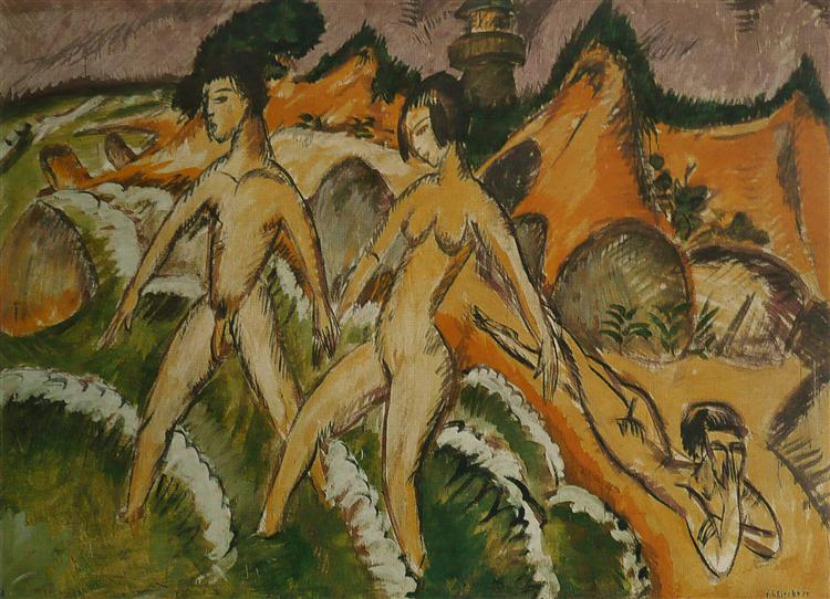 Male and Female Nudes Striding into the Sea, 1912 - Эрнст Людвиг Кирхнер