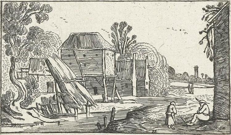 Landscape with farmhouse and barn on stilts at a water, c.1614 - Эсайас ван де Вельде
