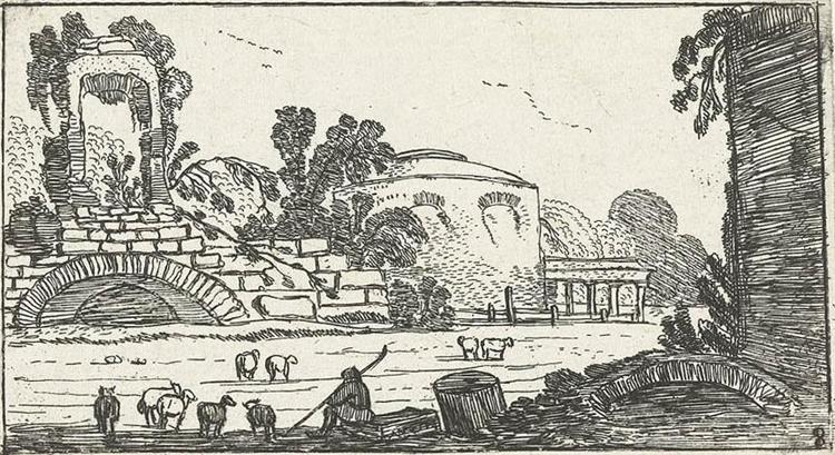 Landscape with ruins and shepherds with sheep, c.1614 - Эсайас ван де Вельде