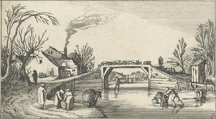 Landscape with Skaters on a bridge with sheep - Esaias van de Velde