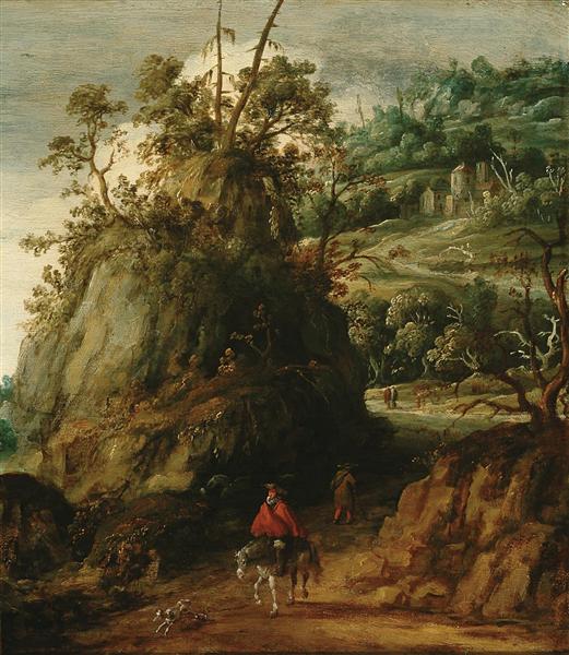 Mountainous landscape with traveller, c.1620 - Эсайас ван де Вельде