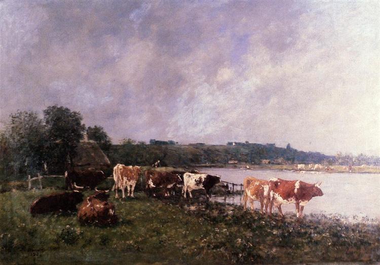 Cows on the Riverbanks of the Touques, 1880 - Эжен Буден