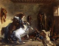 Arab Horses Fighting in a Stable - Eugene Delacroix