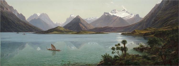 Озеро Вакатіпу з горою Ернсло, Мідл-Айленд, Нова Зеландія, 1879 - Ойген фон Герард