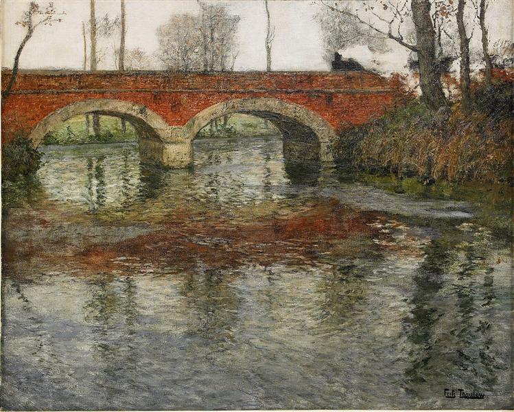 French River Landscape with a Stone Bridge - Frits Thaulow