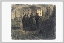 Group of figures in front of a house and some trees - Жорж Сера