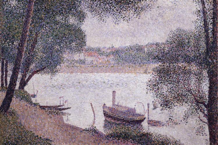 River Landscape with a boat, 1884 - Жорж Сера