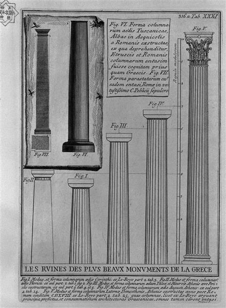 Columns Doric, Corinthian and Tuscan (from Le Roy) - Джованни Баттиста Пиранези
