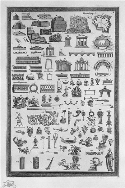 Etruscan monuments of various kinds relating to sacred uses, public, private, war, and ornaments used in the aforementioned sights (115 small incisions) - Giovanni Battista Piranesi