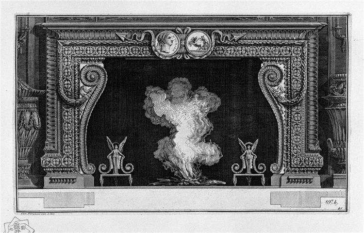 Fireplace: frieze on a medal with his imperial backhand; inside wing with two winged Victories - Джованни Баттиста Пиранези
