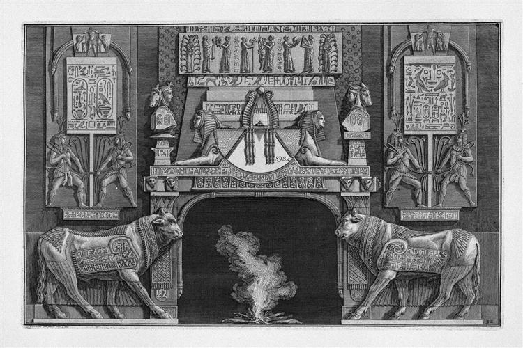 Fireplace in egyptian-style, on each side of a sacred cow in profile with her head toward the fire - Giovanni Battista Piranesi