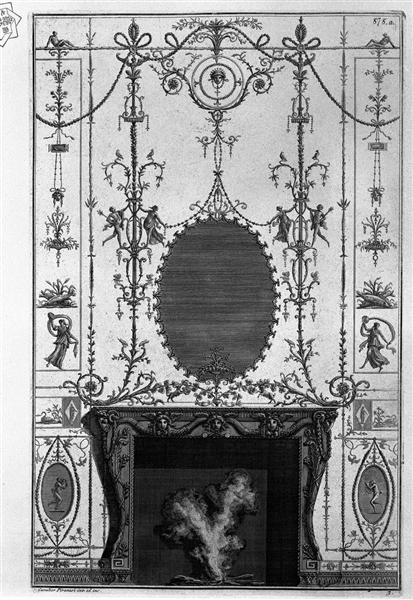 Fireplace: in the frieze of Medusa heads 3 horns of plenty joined by the sides of Aries heads - Giovanni Battista Piranesi