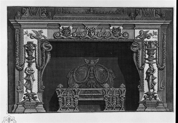 Fireplace: in the frieze, three masks; a rich interior wing - Giovanni Battista Piranesi