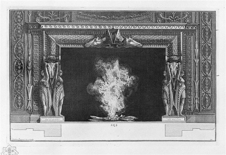 Fireplace: on each side two standing figures, a naked and draped, a rich interior wing - Джованни Баттиста Пиранези