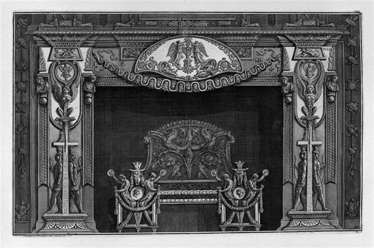 Fireplace: trophies with sphinxes in the sides, to which the lower two figures are set against Egypt, in the interior, full wing - Giovanni Battista Piranesi