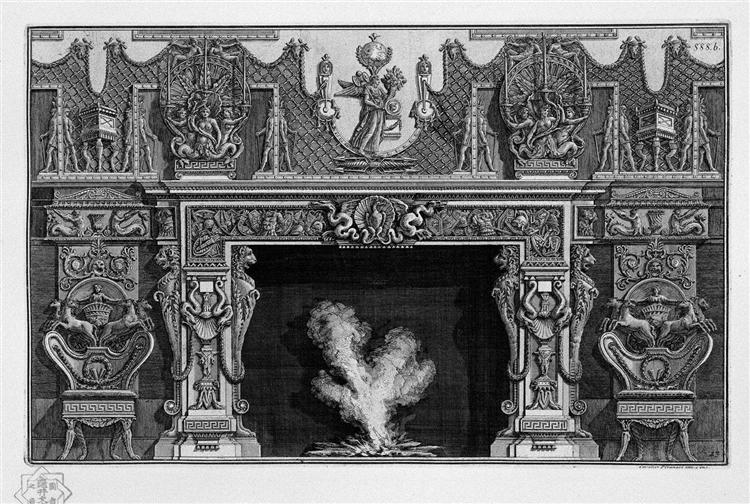 Fireplace with a frieze of armor; heron in a shell at the center between two dragons - 皮拉奈奇