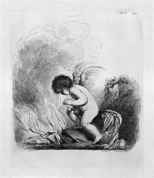 Cupid looking to burn the bow and arrows by Guercino - Джованні Баттіста Піранезі