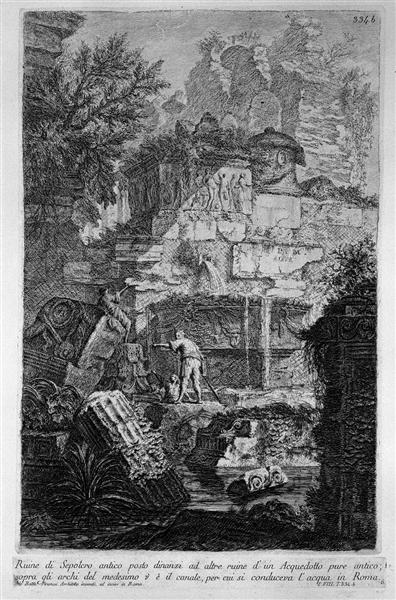 Ruins of an ancient tomb placed before other ruins of an aqueduct - Giovanni Battista Piranesi