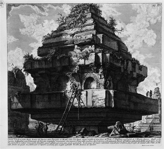 The Roman antiquities, t. 3, Plate XV. View of a large boulder, a relic of the Tomb of the Family? Metelli on the Appian Way about five miles from the Porta S. Sebastian, in the Hamlet of S. Maria Nuova, etc. - Джованні Баттіста Піранезі