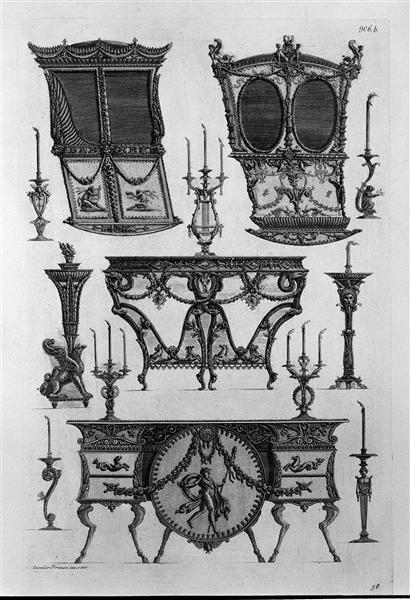 Two sides of sedan chairs, two tables to the wall, nine chandeliers - Giovanni Battista Piranesi