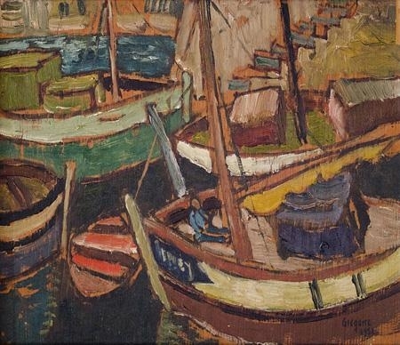Moored boats at the quay, 1952 - Gregoire Boonzaier