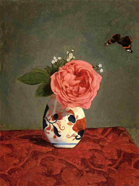 Garden Rose and Blue Forget Me Nots in a Vase, c.1871 - c.1878 - Gustave Caillebotte
