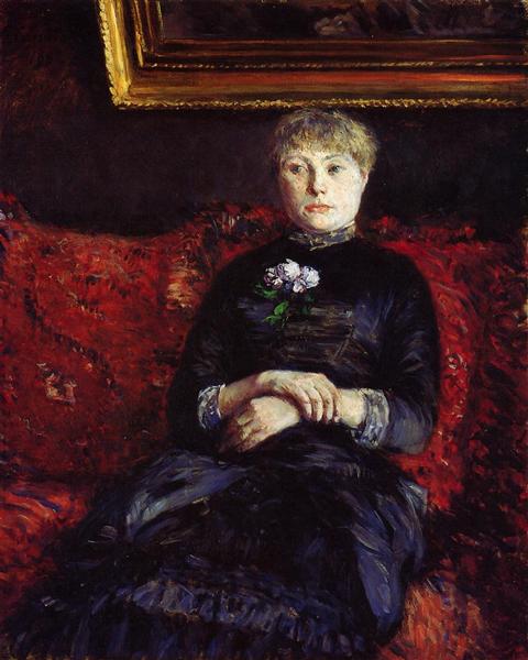 Woman Sitting on a Red Flowered Sofa, 1880 - 古斯塔夫·卡耶博特