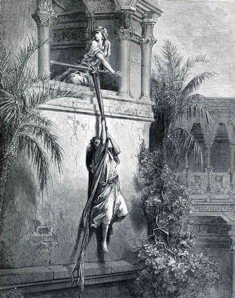 Давид убегает через окно, 1866 - Гюстав Доре