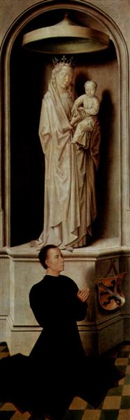 View of The Last Judgement with its panels closed, depicting the donors, Angelo di Jacopo Tani and his wife, Caterina de Tanagli, below the Madonna and Child and St. Michael, 1473 - Hans Memling