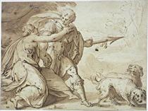Adonis held back by Venus while going hunting - Hans von Aachen