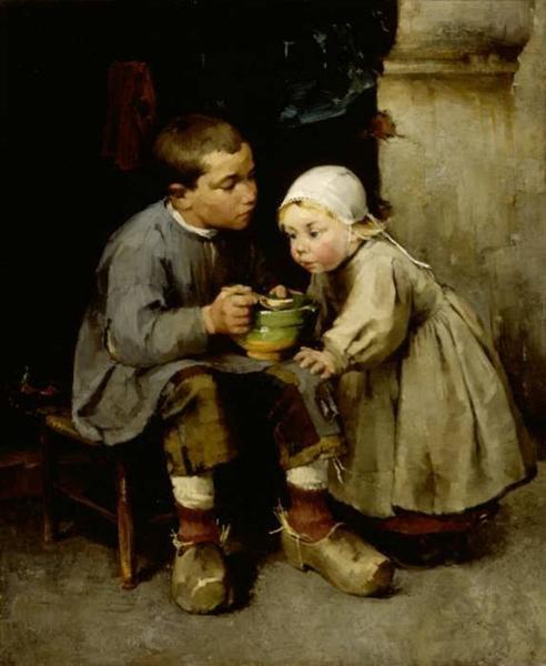 A Boy Feeding his Younger Sister, 1881 - Хелена Шерфбек