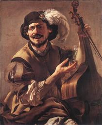 A Laughing Bravo with a Bass Viol and a Glass - Hendrick ter Brugghen