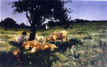 Boy and Sheep Lying under a Tree - Генри Оссава Таннер