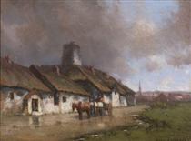 Horse and Cart With Cottage Under Stormy Sky - Homer Watson