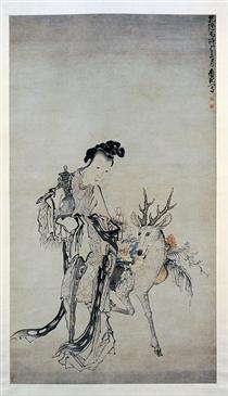 Ma-gu Holding a Vase, with a Deer - 黃慎