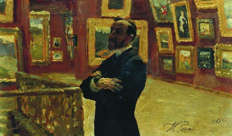 N.A. Mudrogel in the pose of Pavel Tretyakov in halls of the gallery, 1904 - Ілля Рєпін