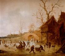 A Winter Landscape with Skaters, Children Playing Kolf and Figures with Sledges on the Ice near a Bridge - Isaac van Ostade