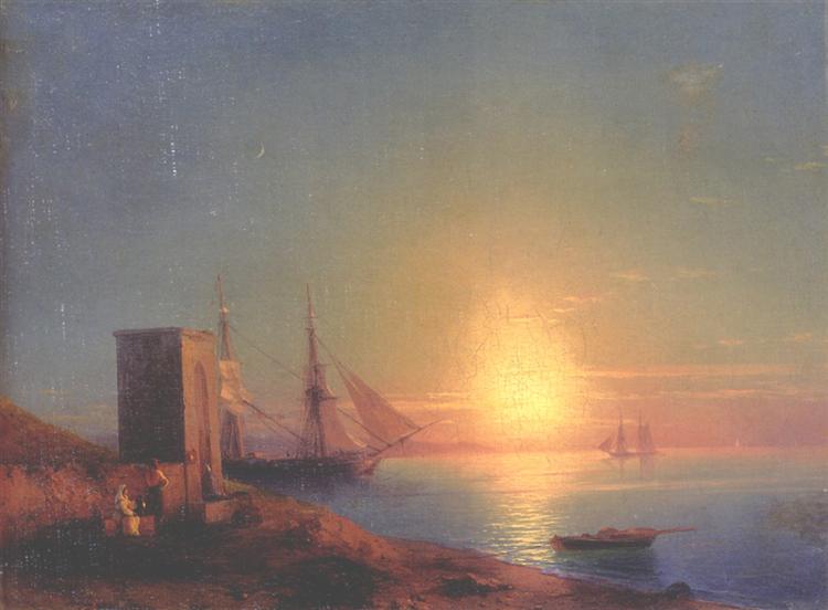 Figures In A Coastal Landscape At Sunset - Iván Aivazovski