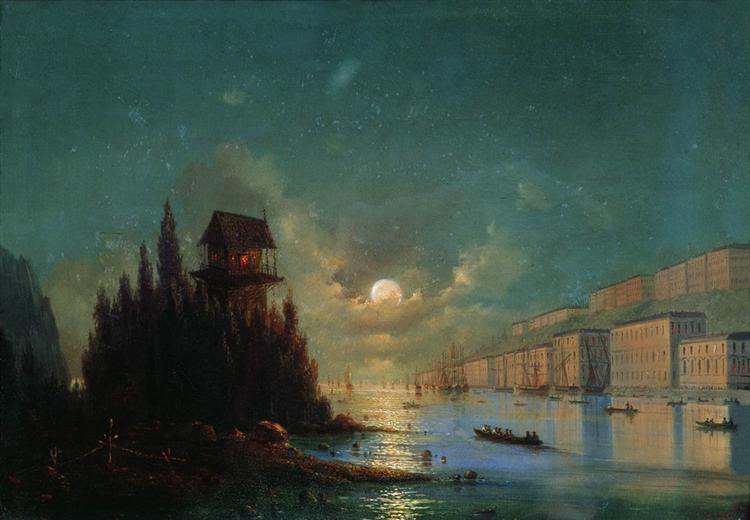 View of seaside town in the evening with a lighthouse, 1870 - Ivan Aivazovsky