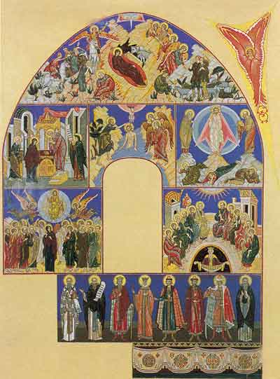 Christmas and other holy scene of the life of Jesus Christ and Virgin Mary. Sketch of murals for the south wall of the church of the Assumption in Olshany - Іван Білібін