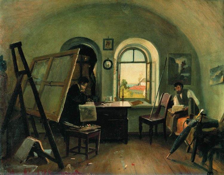 Ivan Shishkin and A. Guinet no estúdio na Ilha de Valaam, 1860 - Ivan Shishkin
