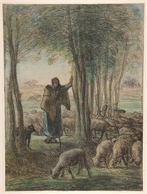 A Shepherdess and Her Flock in the Shade of Trees - Jean-Francois Millet