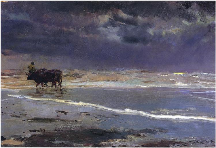 Gray day on Valencia beach, 1901 - 霍金‧索羅亞