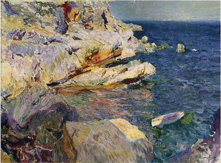 Rocks and white boat, Javea, 1905 - Хоакін Соролья