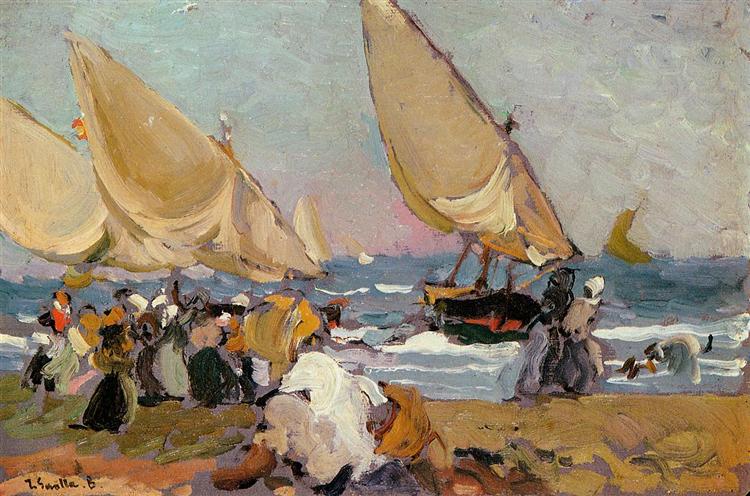 Sailing Vessels on a Breezy Day, Valencia, c.1908 - 霍金‧索羅亞