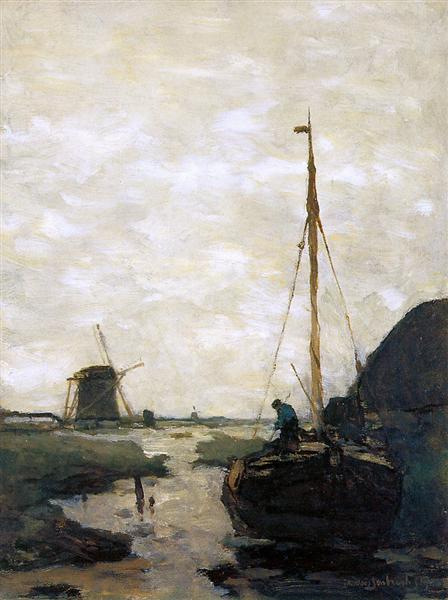 Ship in polder canal - Johan Hendrik Weissenbruch
