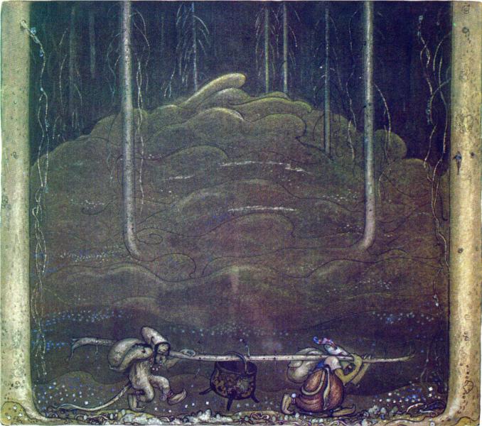 When evening came, troll mother and the boy sneaked out of the mountain. They carried the trolls' cauldron between themselves on a stick, 1914 - Йон Бауэр