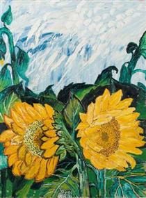 Sunflowers and Sun-Crossed Sky in Summer - John Bratby