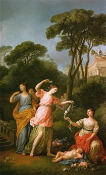 Greek Maidens Adorning a Sleeping Cupid with Flowers - Жозеф-Мари Вьен